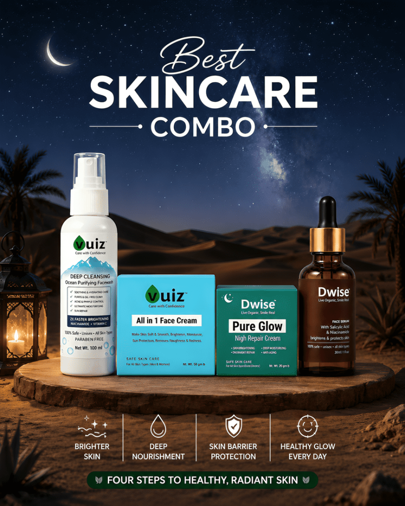 Vuiz & Dwise Best Skincare Combo (4 Items) Facewash, Moisturizer, Face Serum, Night Repair Cream