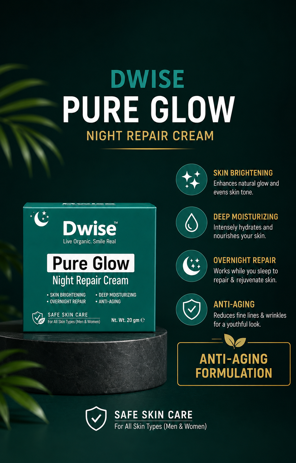 Dwise Pure Glow Night Repair Cream with Anti Agning Formulation, Niacinamide, Alpha Arbutin, Vitamin C&E. - Image 4
